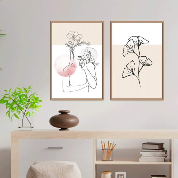 Kit 2 Plaquinhas Decorativa Adesivada Mulher Com Flor Minimal