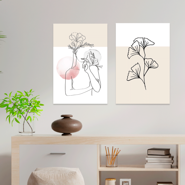 Kit 2 Plaquinhas Decorativa Adesivada Mulher Com Flor Minimal