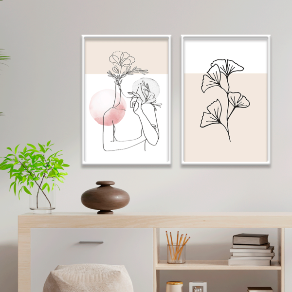 Kit 2 Plaquinhas Decorativa Adesivada Mulher Com Flor Minimal