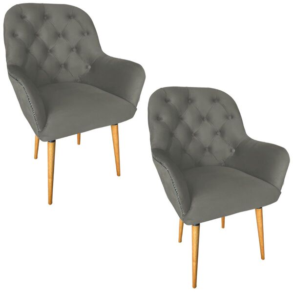 Kit 2 Poltrona Decorativa Ametista Veludo Cinza Camurça