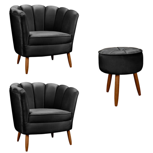 Kit 2 Poltrona Decorativa Ariel + Puff Redondo Star Confort