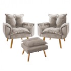 Kit 2 Poltrona Decorativa Opala Plus Com Puff  Suede Bege