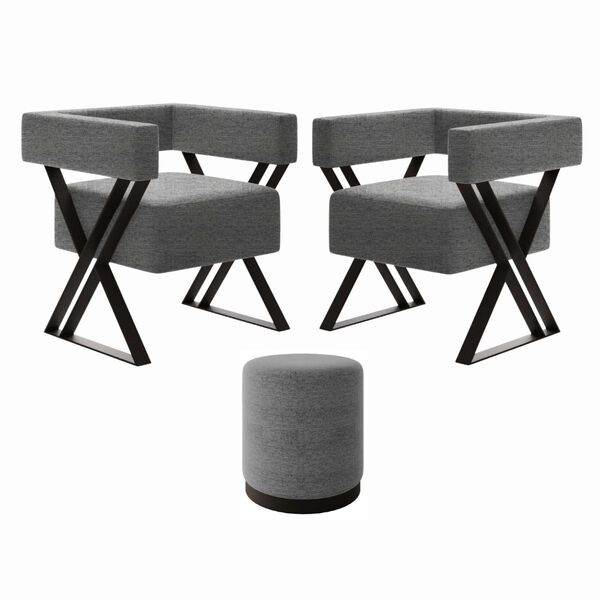 Kit 2 Poltrona E Puff Decorativo Kira Estilo Industrial Linho