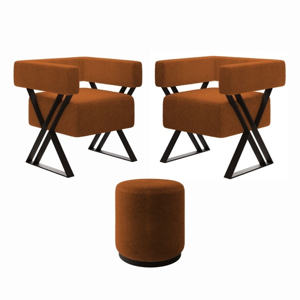 Kit 2 Poltrona E Puff Decorativo Sara Estilo Industrial Boucl