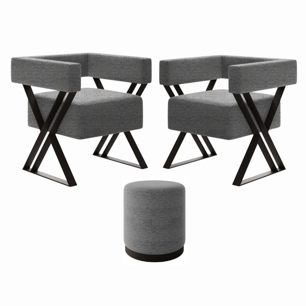 Kit 2 Poltrona E Puff Decorativo Sara Estilo Industrial Linho