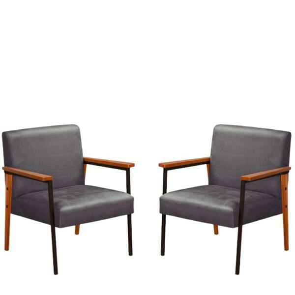 Kit 2 Poltrona Fontana Veludo Cinza Base Em Metal Preto E Mad