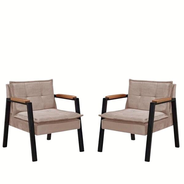 Kit 2 Poltrona Fortaleza Veludo Capuccino Base Em Metal Preto