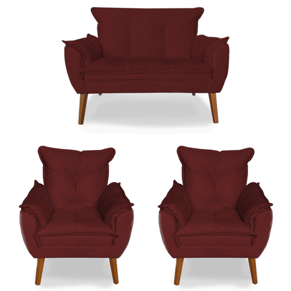 Kit 2 Poltronas 1 Namoradeira Pés De Madeira Apolo Várias Cor