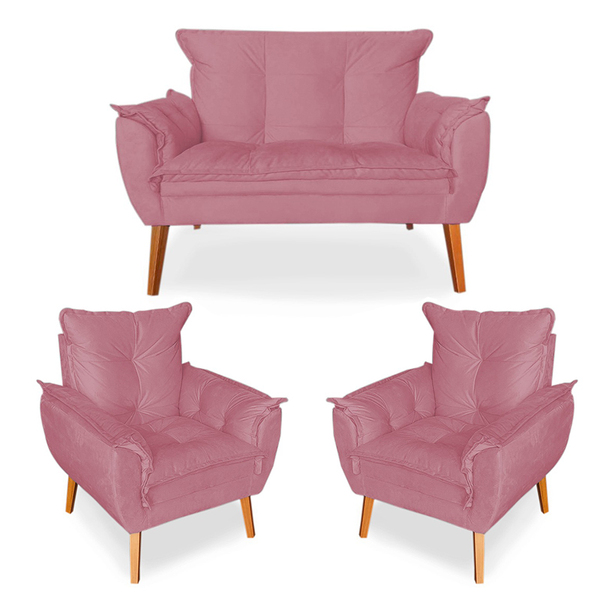 Kit 2 Poltronas 1 Namoradeira Pés De Madeira Apolo Várias Cor