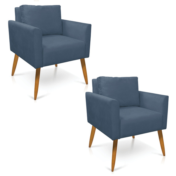 Kit 2 Poltronas Aline Suede Azul Marinho Pés Palito Castanho