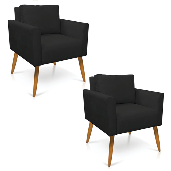 Kit 2 Poltronas Aline Veludo Preto Pés Palito Castanho