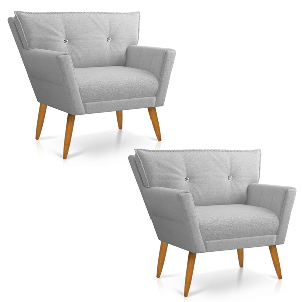 Kit 2 Poltronas Anitta Com Strass Linho Cinza A05 Pés Palito