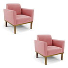 Kit 2 Poltronas Base De Madeira Fixa Castanho Marisa Suede -