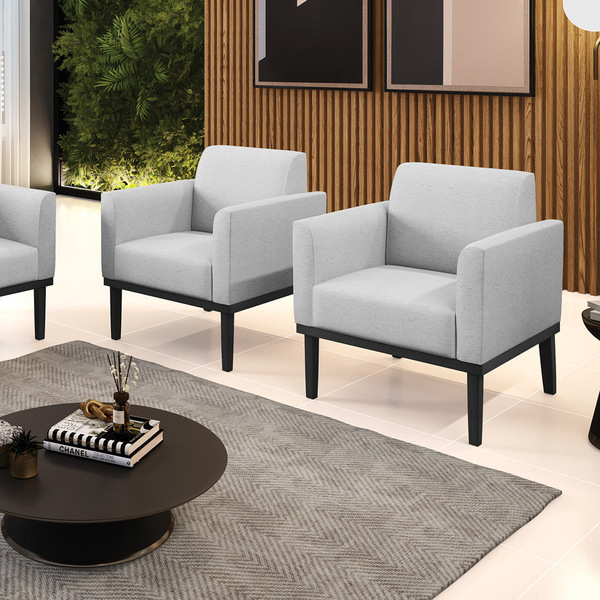 Kit 2 Poltronas Base De Madeira Fixa Preto Marisa Linho - A05