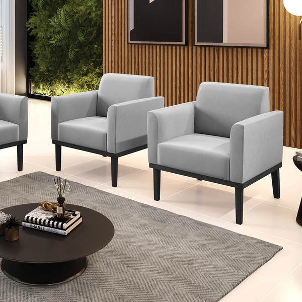 Kit 2 Poltronas Base De Madeira Fixa Preto Marisa Suede Cinza