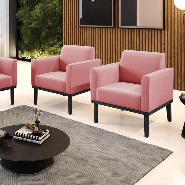 Kit 2 Poltronas Base De Madeira Fixa Preto Marisa Suede - Rose