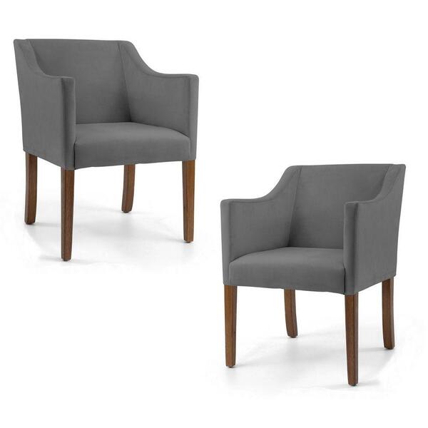 Kit 2 Poltronas Base De Madeira Rústico Veludo Cinza Domi