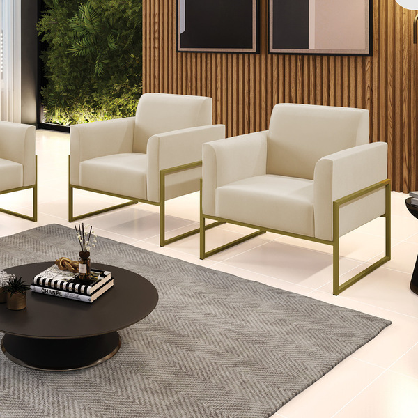 Kit 2 Poltronas Base Industrial Alta Dourado Marisa Suede - B