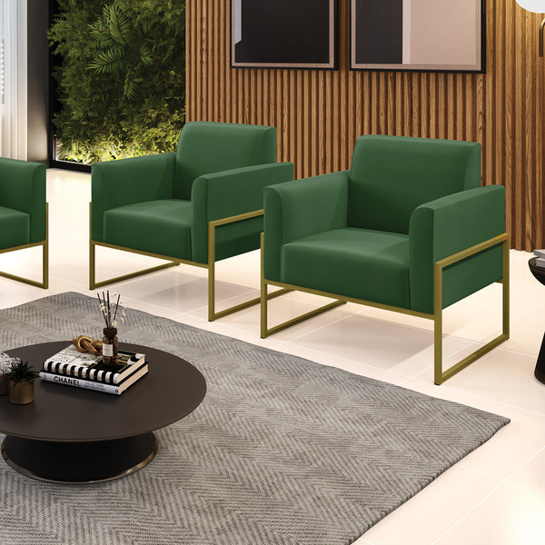 Kit 2 Poltronas Base Industrial Alta Dourado Marisa Suede - V