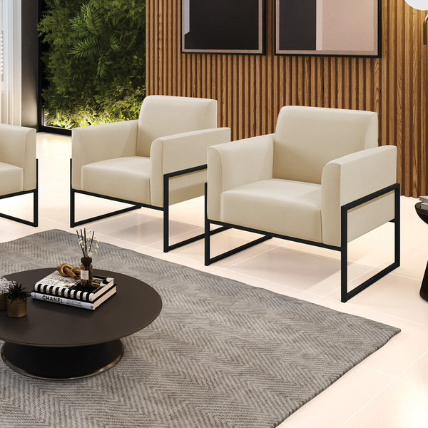 Kit 2 Poltronas Base Industrial Alta Preto Marisa Suede Bege