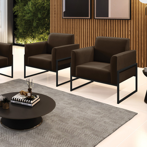 Kit 2 Poltronas Base Industrial Alta Preto Marisa Suede Marrom