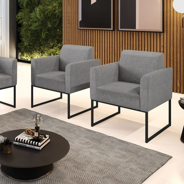 Kit 2 Poltronas Base Industrial Preto Marisa Linho - A26 Graf