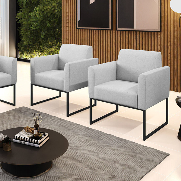 Kit 2 Poltronas Base Industrial Preto Marisa Linho Cinza A05