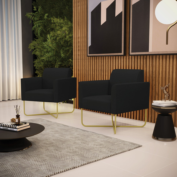 Kit 2 Poltronas Base X Industrial Dourado Marisa Linho Preto