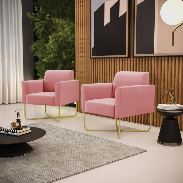 Kit 2 Poltronas Base X Industrial Dourado Marisa Suede Rosê