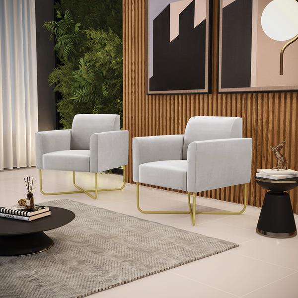 Kit 2 Poltronas Base X Industrial Dourado Marisa Veludo Cinza