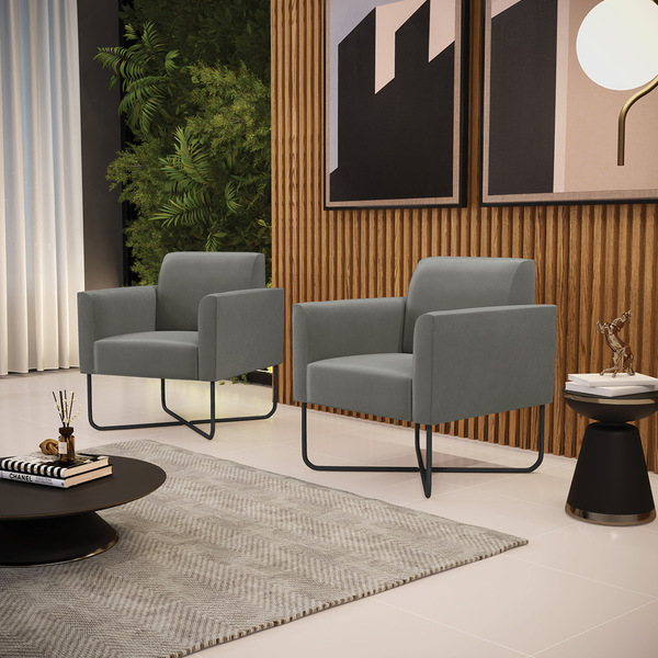 Kit 2 Poltronas Base X Industrial Preto Marisa Suede Grafite