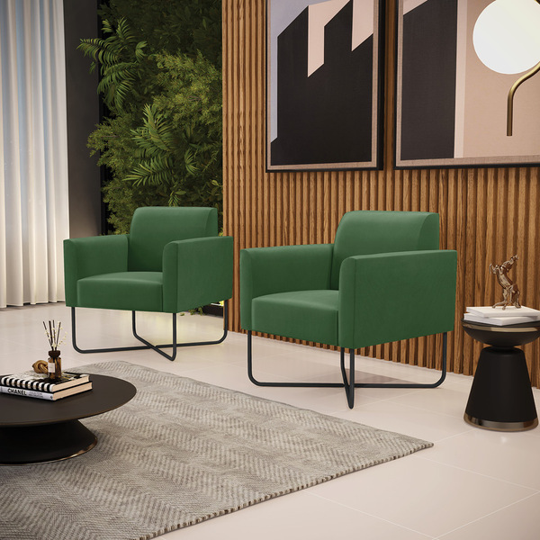 Kit 2 Poltronas Base X Industrial Preto Marisa Suede Verde