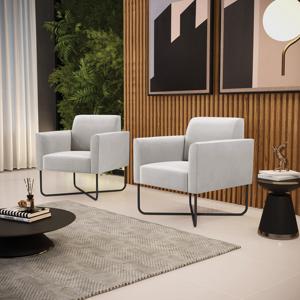 Kit 2 Poltronas Base X Industrial Preto Marisa Veludo Cinza