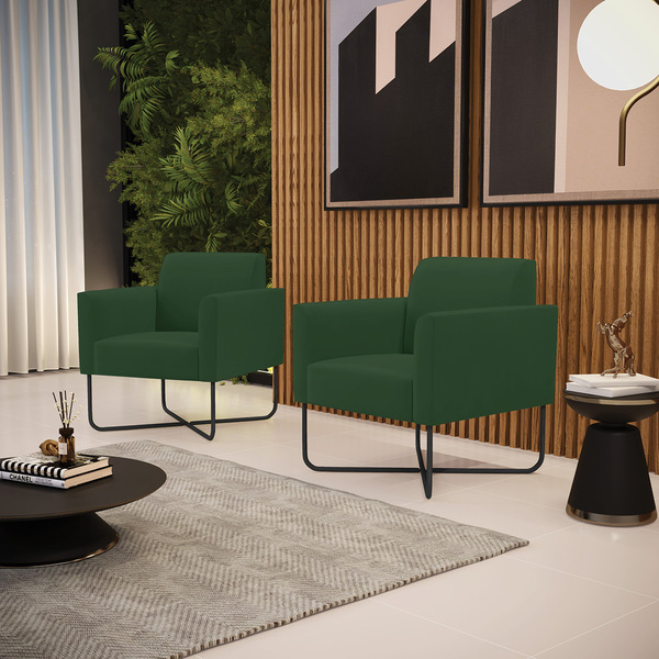 Kit 2 Poltronas Base X Industrial Preto Marisa Veludo Verde D