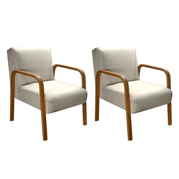 Kit 2 Poltronas Cadeira Moderna Braço Madeira Anita Bege 140