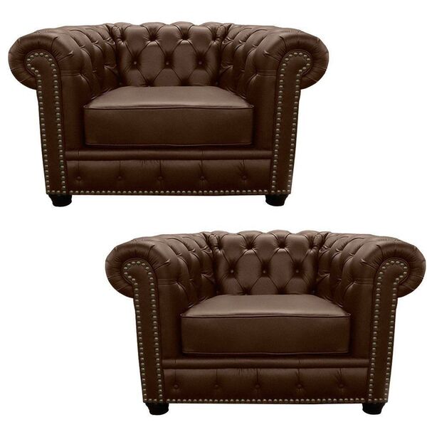 Kit 2 Poltronas Chesterfield Com Pés Madeira Couro Capucino G
