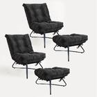 Kit 2 Poltronas Com 2 Puffs Banqueta Sala Corino Preto