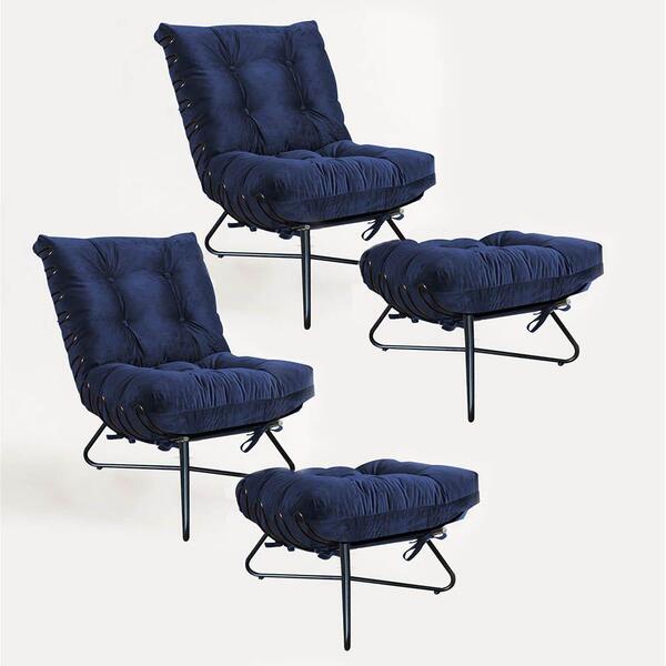 Kit 2 Poltronas Com 2 Puffs Banqueta Sala Suede Azul Marinho
