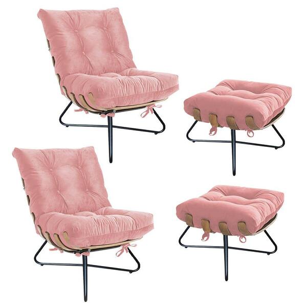 Kit 2 Poltronas Com 2 Puffs Banqueta Suede Rose Gold