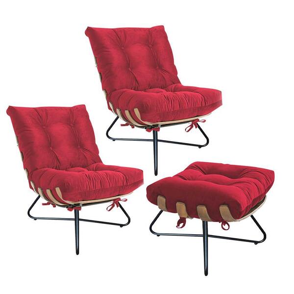 Kit 2 Poltronas Com Puff Banqueta Suede Vermelho