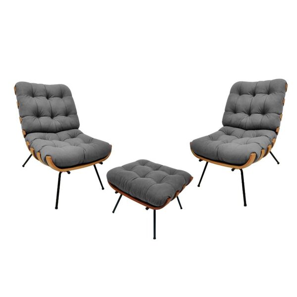 Kit 2 Poltronas Com Puff Decorativos Costela Suede Cinza