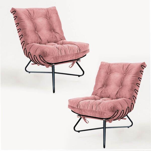 Kit 2 Poltronas Costela Ferro Industrial Suede Rose Gold