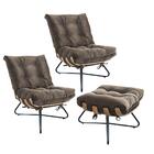 Kit 2 Poltronas Costela Madeira Com Puff Banqueta Suede Bege