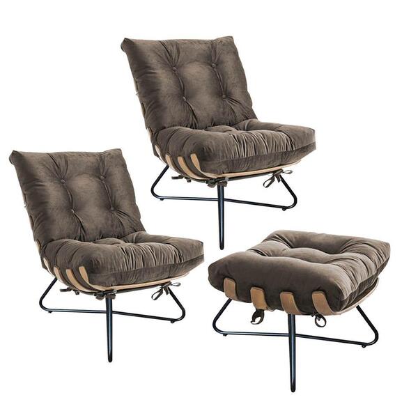 Kit 2 Poltronas Costela Madeira Com Puff Banqueta Suede Bege