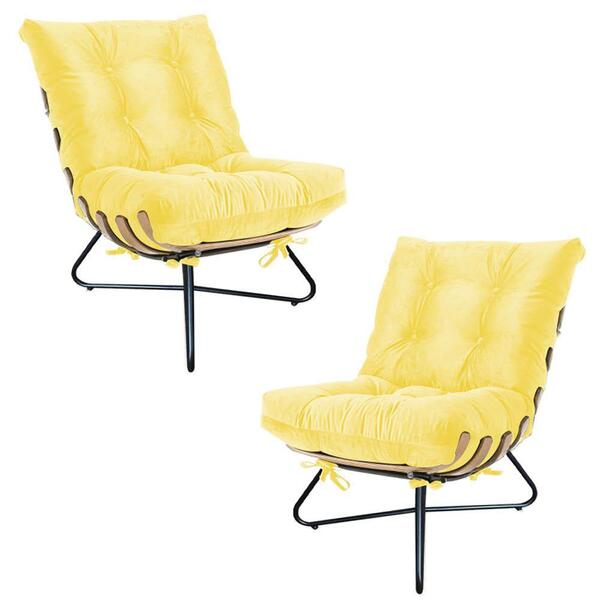 Kit 2 Poltronas Costela Madeira Corino Amarelo