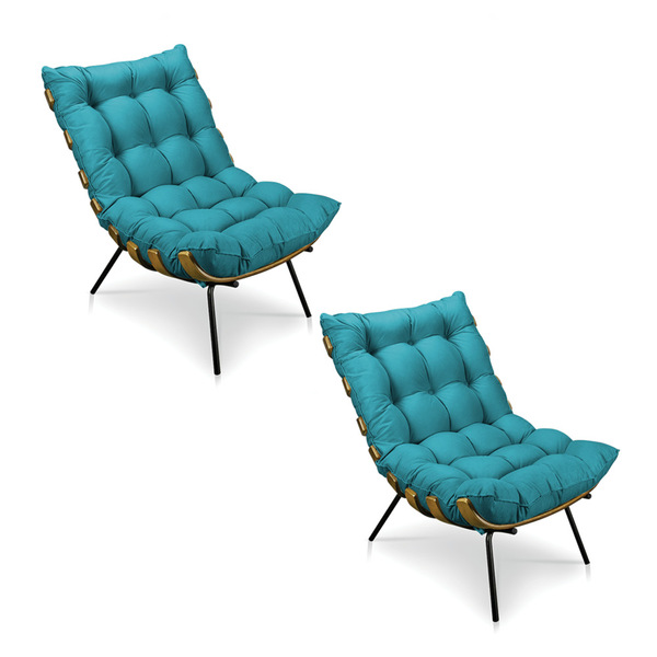 Kit 2 Poltronas Costela Veludo Azul Turquesa Base Metálica -