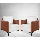 Kit 2 Poltronas Decorativa Anna Linho Off White Couro Caramel