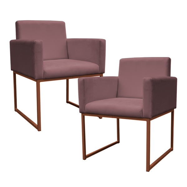 Kit 2 Poltronas Decorativa Base De Ferro Bronze Veludo Rosê -