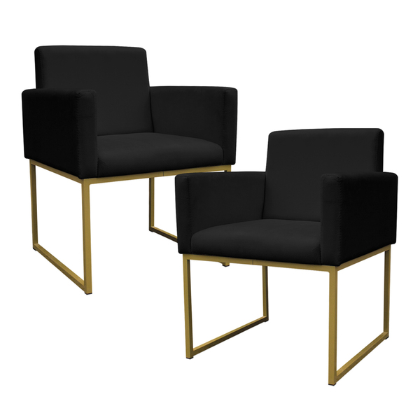 Kit 2 Poltronas Decorativa Base De Ferro Gold Veludo Preto -