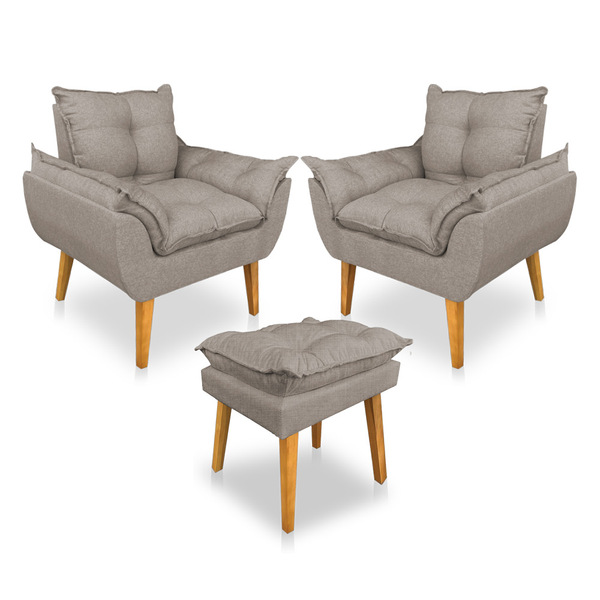 Kit 2 Poltronas Decorativa E Puff Opala Luxo Linho Cappuccino
